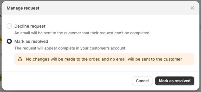 A Manage request ablak figyelmeztetése
