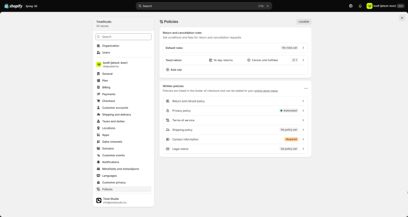 A Shopify Policies menüpont áttekintése