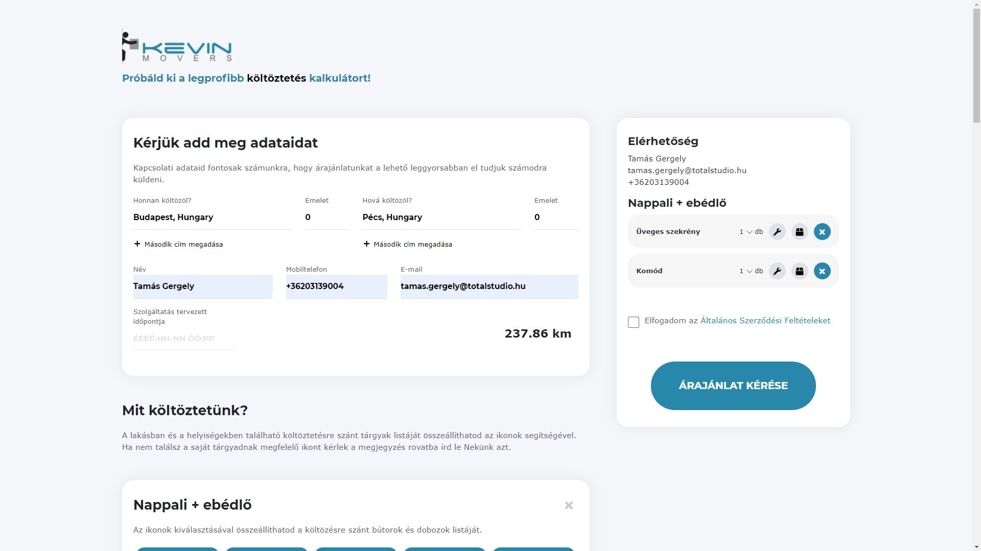 Kevin Movers költözés kalkulátor v2