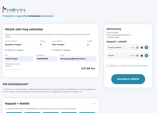 Kevin Movers költözés kalkulátor v2
