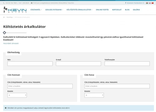 Kevin Movers költözés kalkulátor
