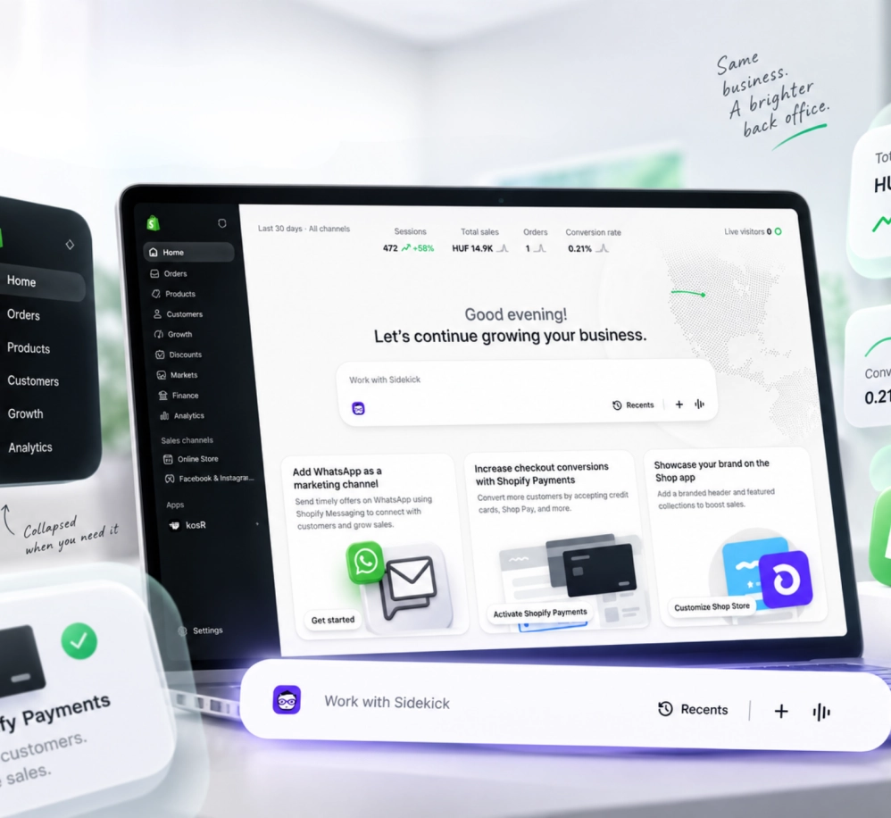 Új Shopify admin (2026): saját felvételen mutatjuk, mi változott a felületen